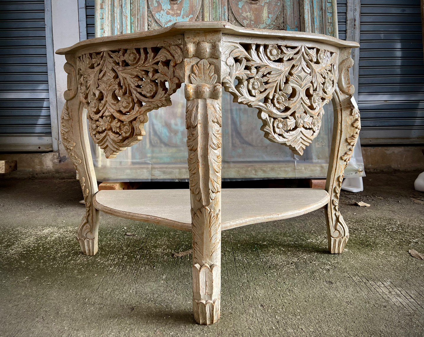 Semi Round Carved Wooden Table – Half Round Table with Lower Shelf and Carving W107 x D46 x H76 cm - RIVO HOMES