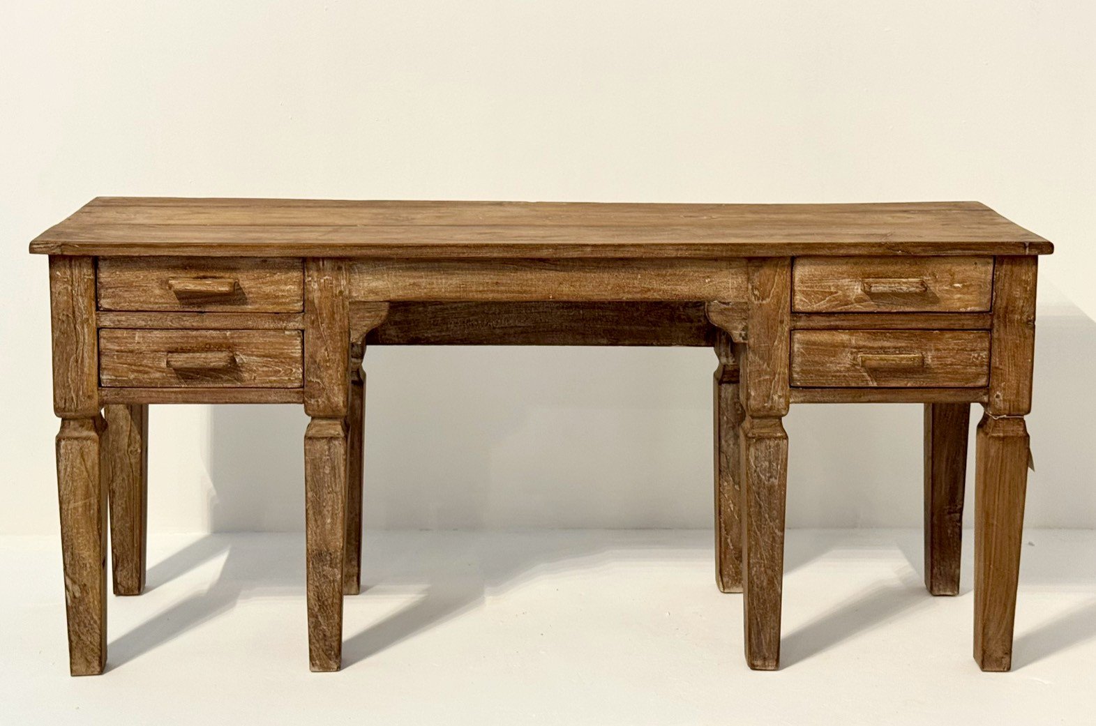 Side Drawers Console Table – Teak Drawer Console Table with Vintage Patina & Carved Legs W160 x D40 x H74 cm - RIVO HOMES