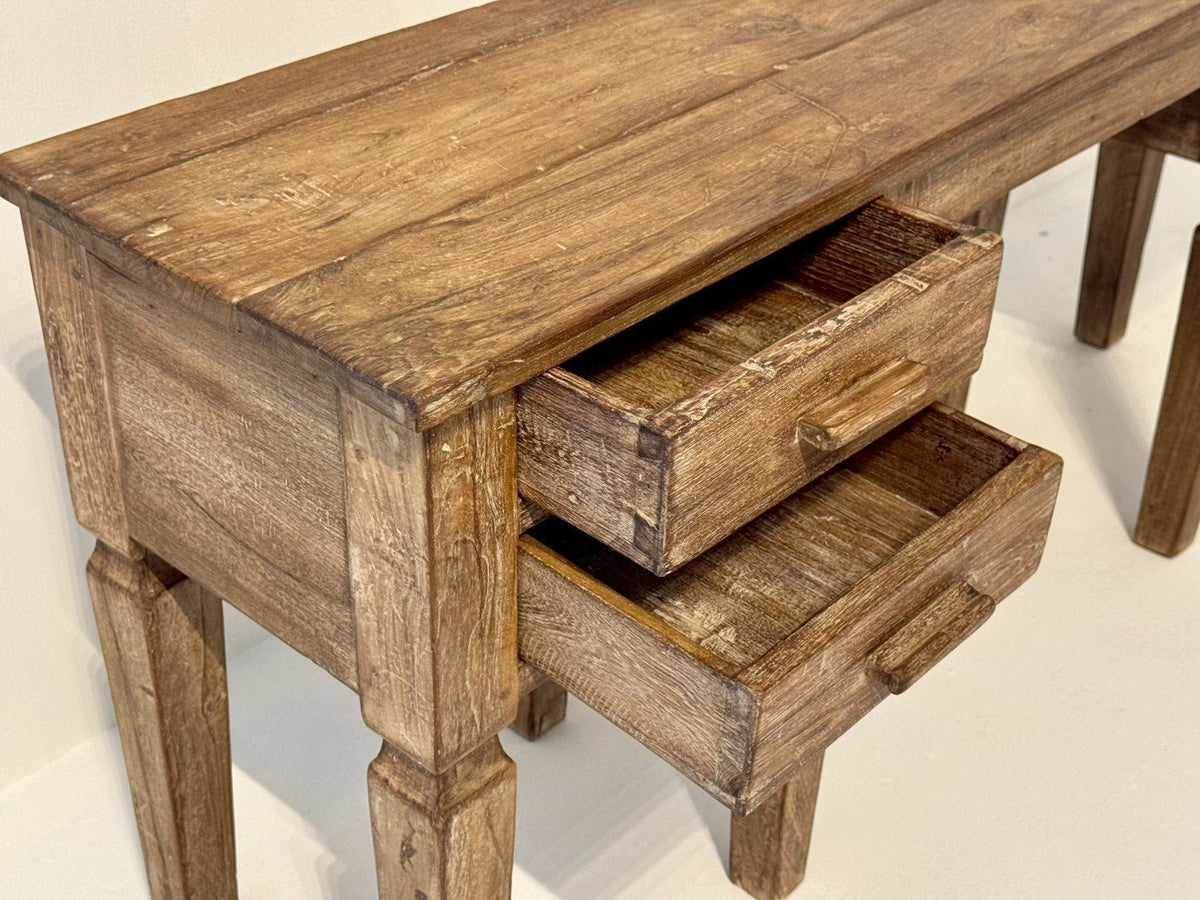 Side Drawers Console Table – Teak Drawer Console Table with Vintage Patina & Carved Legs W160 x D40 x H74 cm - RIVO HOMES