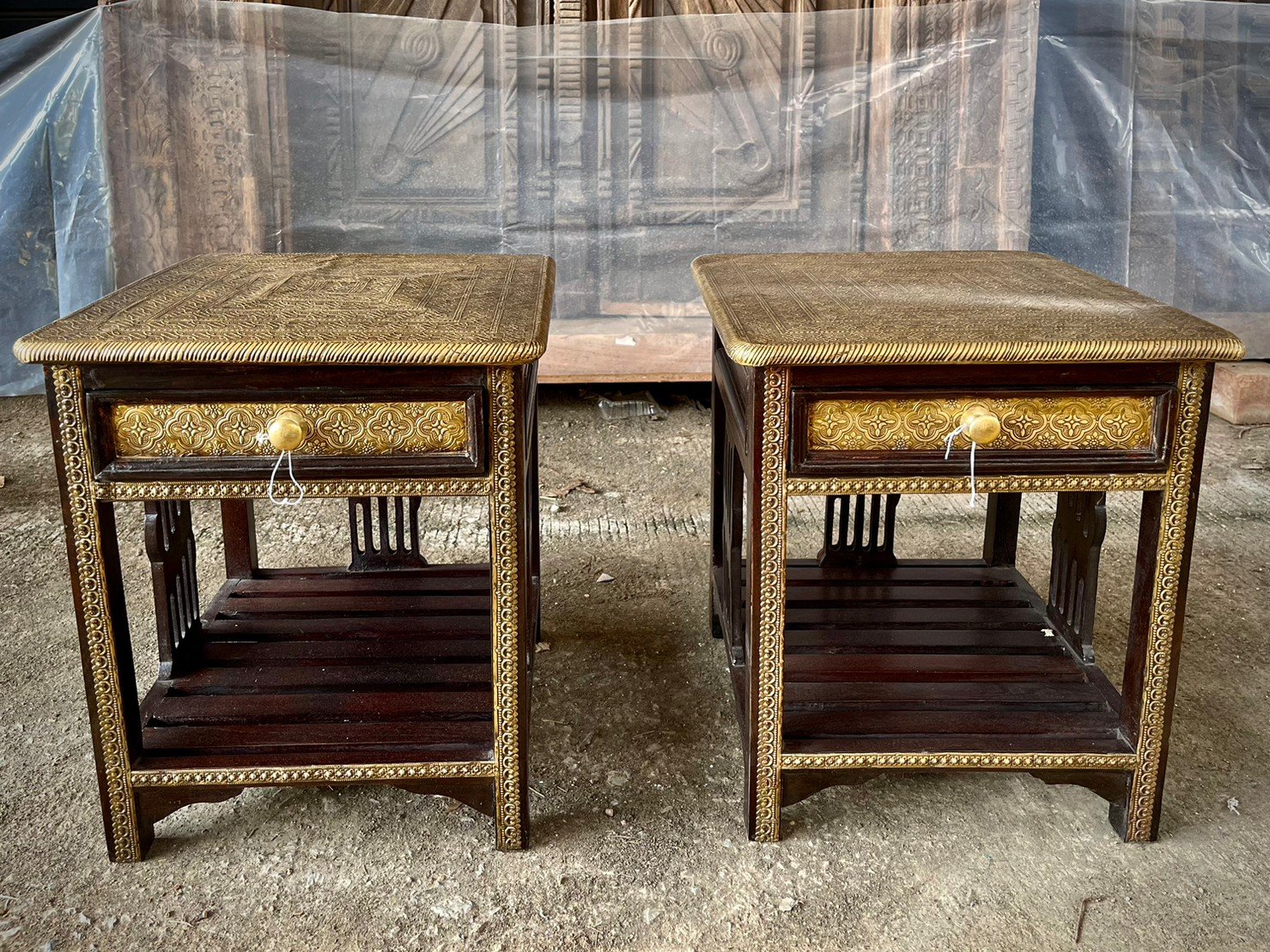 Side Tables with Brass Decor – Brass Wood Furniture with Drawer and Slatted Shelf W40 x D40 x H47 cm. - RIVO HOMES