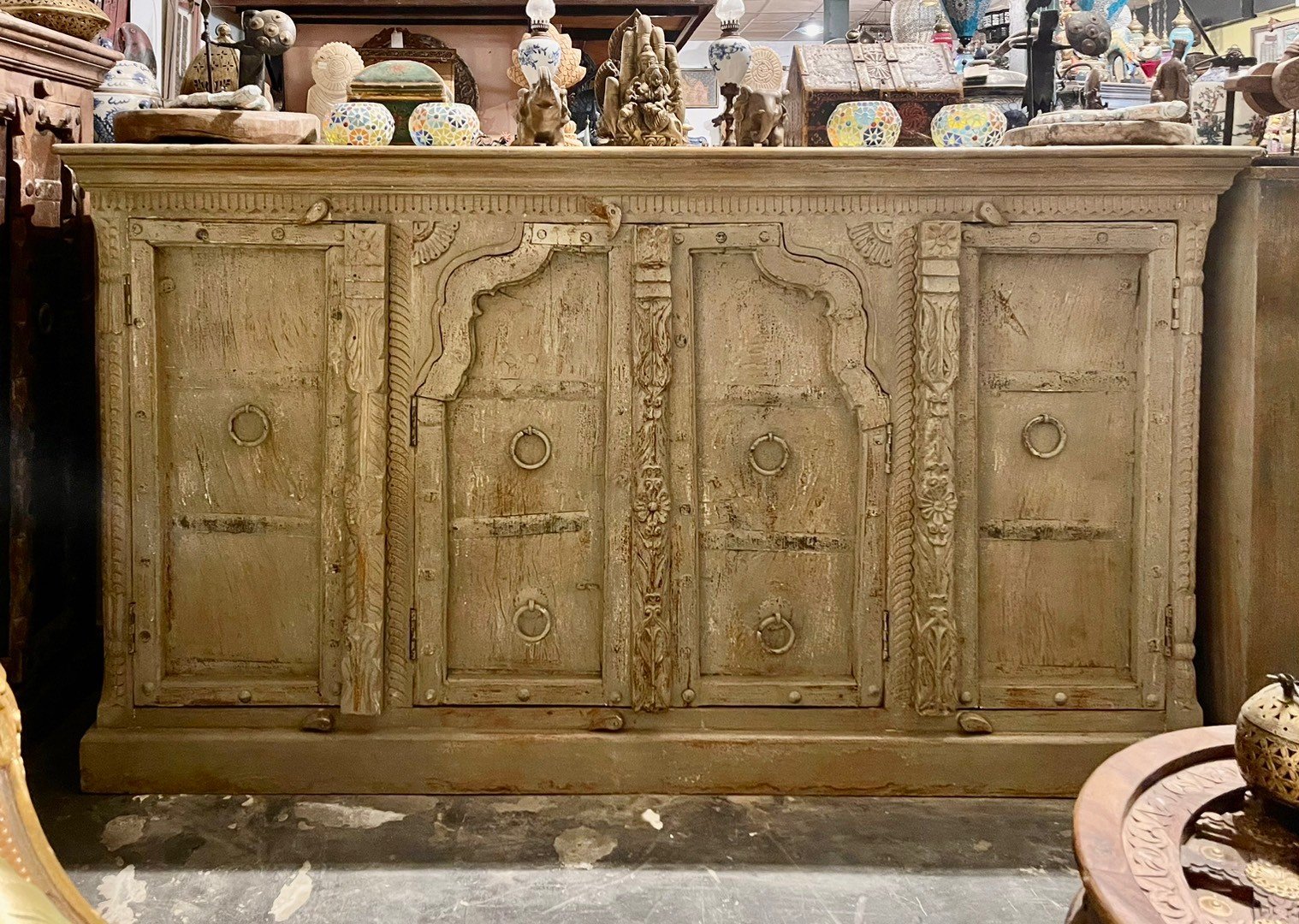 Six Ring Pull Distressed Wood Sideboard – Antique Old Sideboard with Carved Doors W181 x D46 x H100 cm. - RIVO HOMES