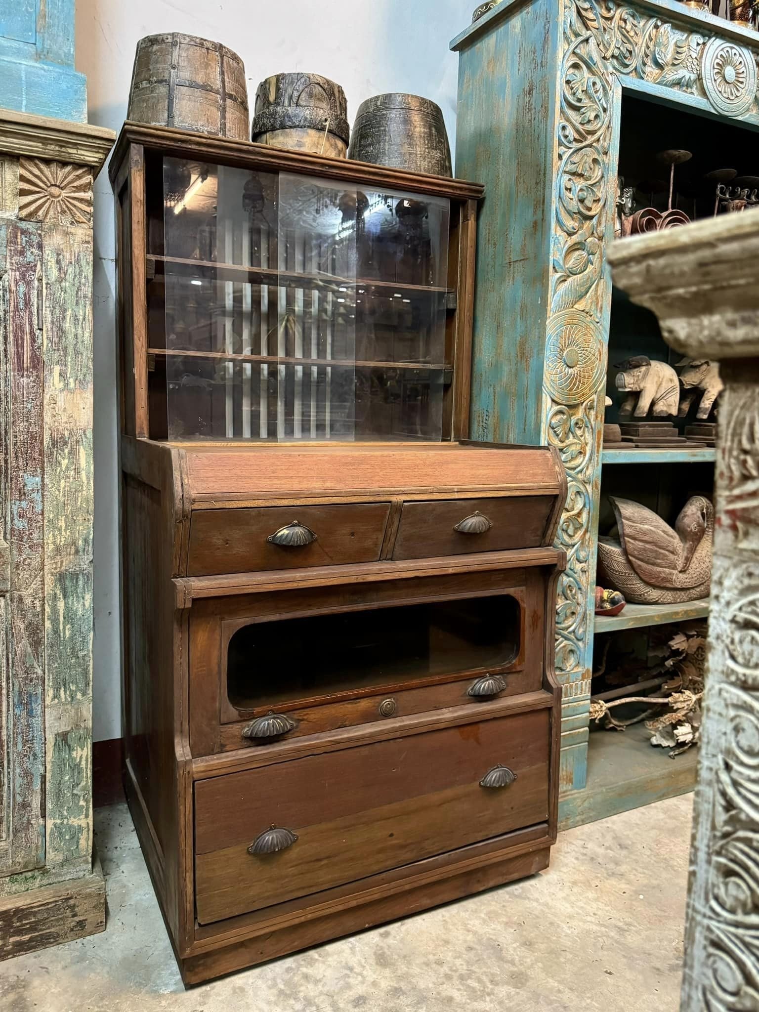 Sliding Glass Cabinet with Drawers – Wooden Glass Cabinets with Carved Teak Frame W76 x D66 x H147 cm - RIVO HOMES