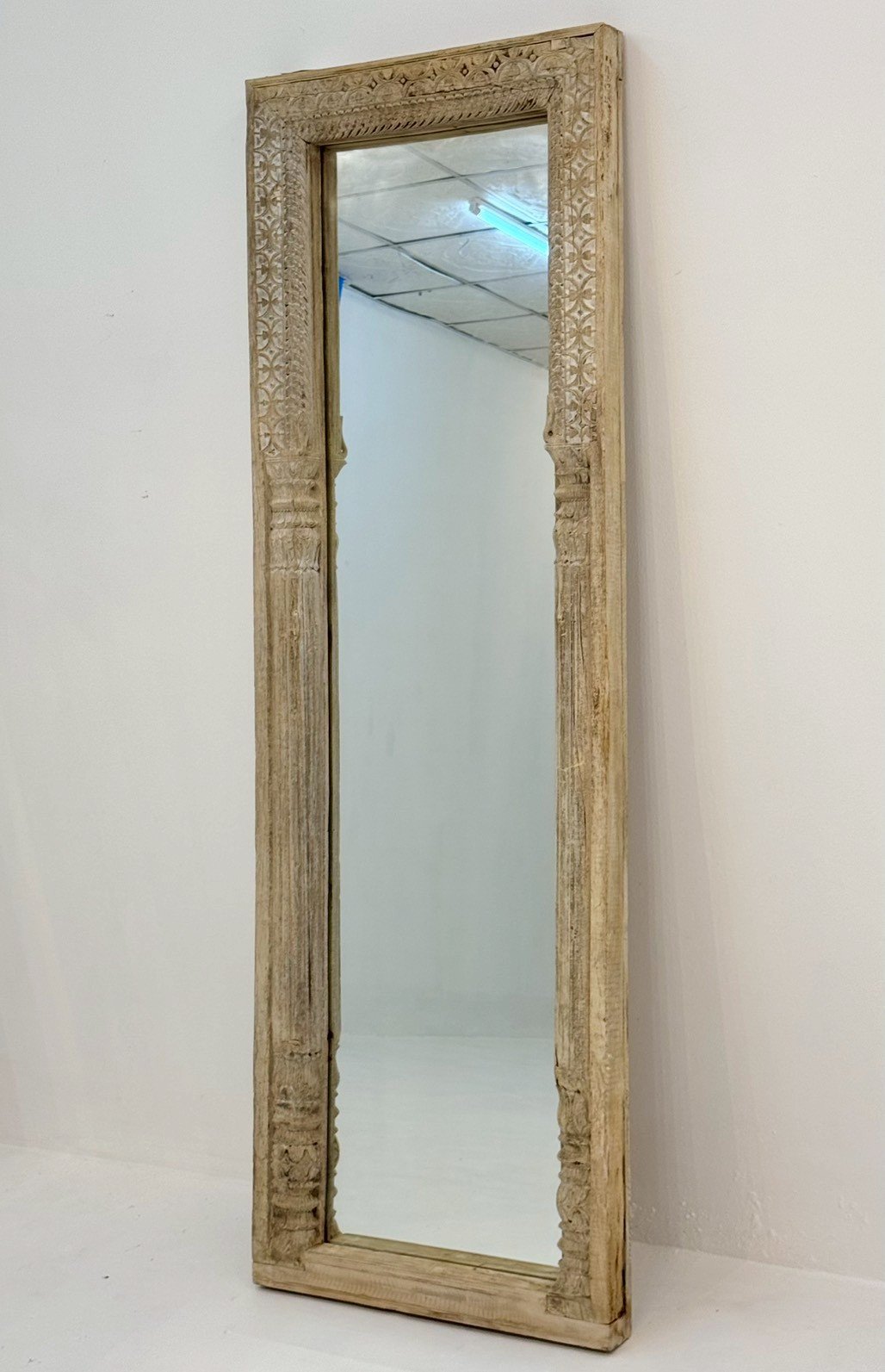 Slim Frame Mirror – Tall Rustic Floor Mirror with Bleached Natural Wood Finish W67 × D9 × H208 cm - RIVO HOMES