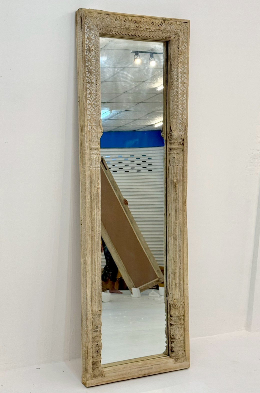 Slim Frame Mirror – Tall Rustic Floor Mirror with Bleached Natural Wood Finish W67 × D9 × H208 cm - RIVO HOMES