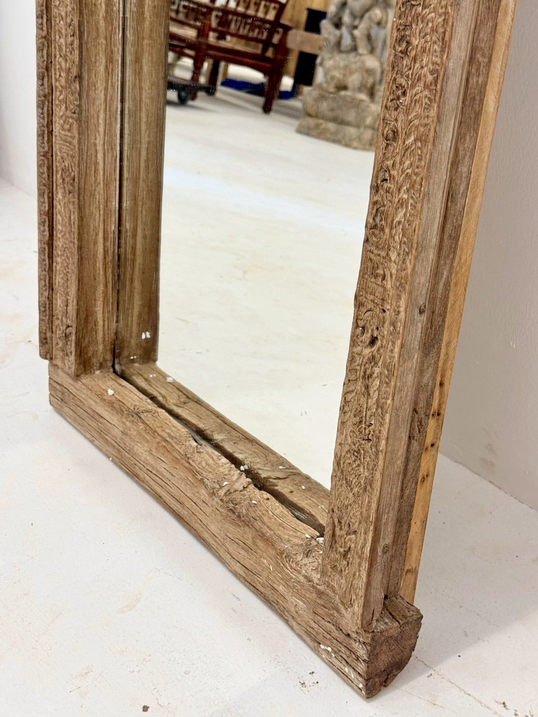 Slim Top Carved Antique Mirror – Long Mirror with Architectural Wood Frame W64 x D14 x H165 cm - RIVO HOMES