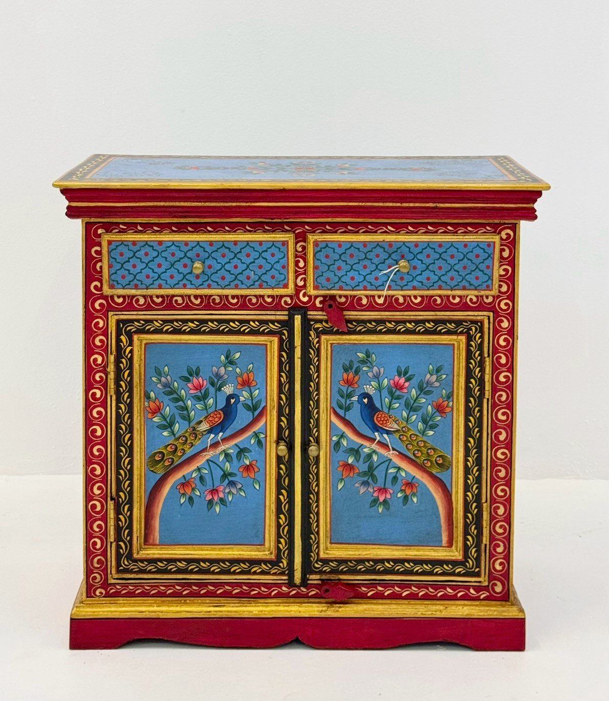 Songbird Hand Painted Cabinet – Artistic Wooden Storage Cabinet with Bird Motifs and Double Door StorageW76 x D36 x H77 cm - RIVO HOMES