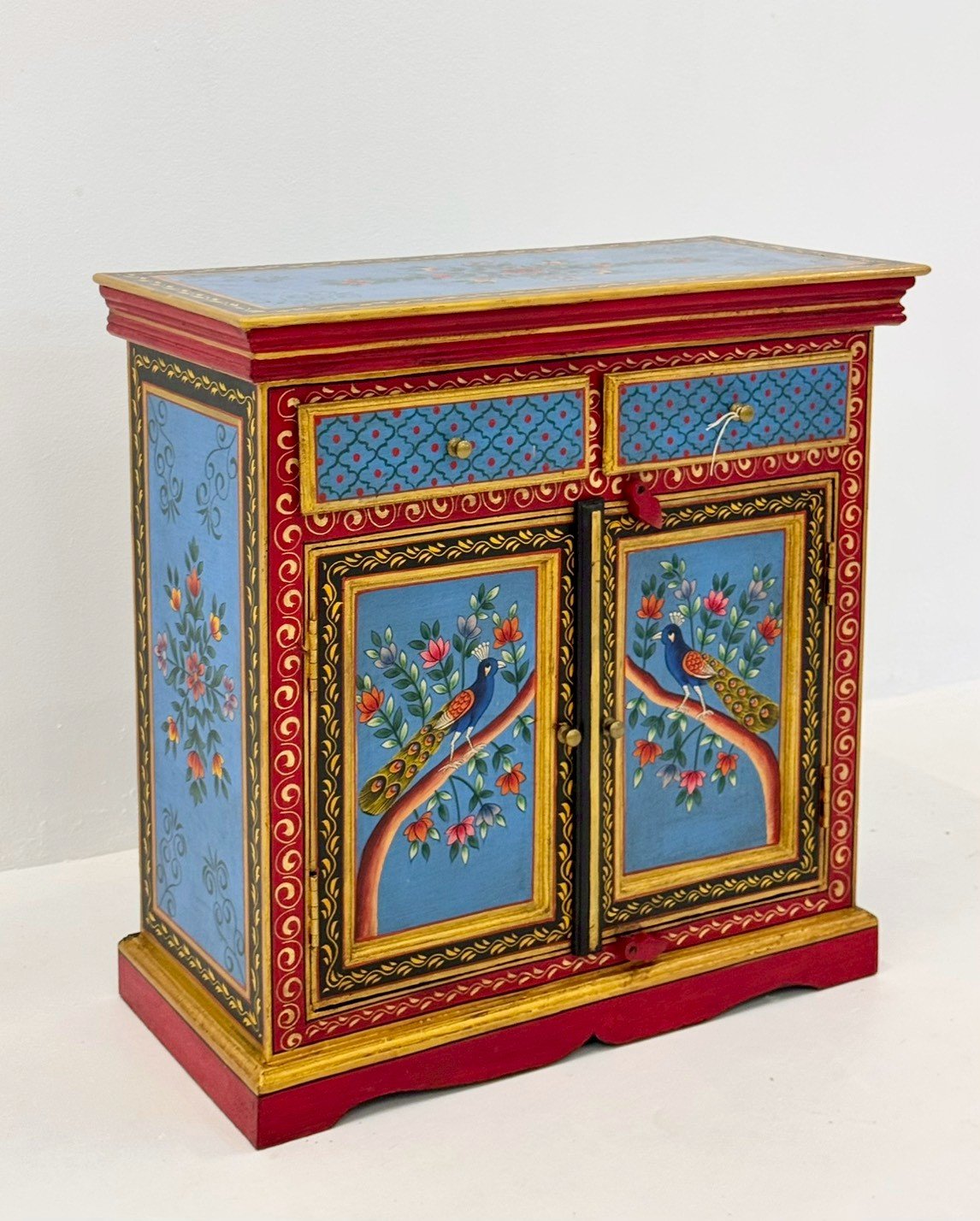 Songbird Hand Painted Cabinet – Artistic Wooden Storage Cabinet with Bird Motifs and Double Door StorageW76 x D36 x H77 cm - RIVO HOMES