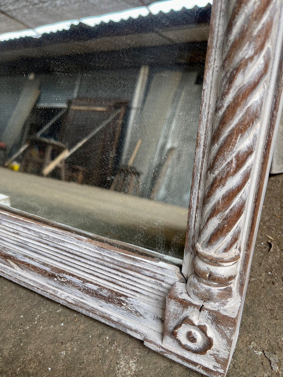 Spiraled Pillars Wooden Frame Mirror – Carved Frame for Mirror with Distressed Whitewash W40 x D6 x H60 cm - RIVO HOMES