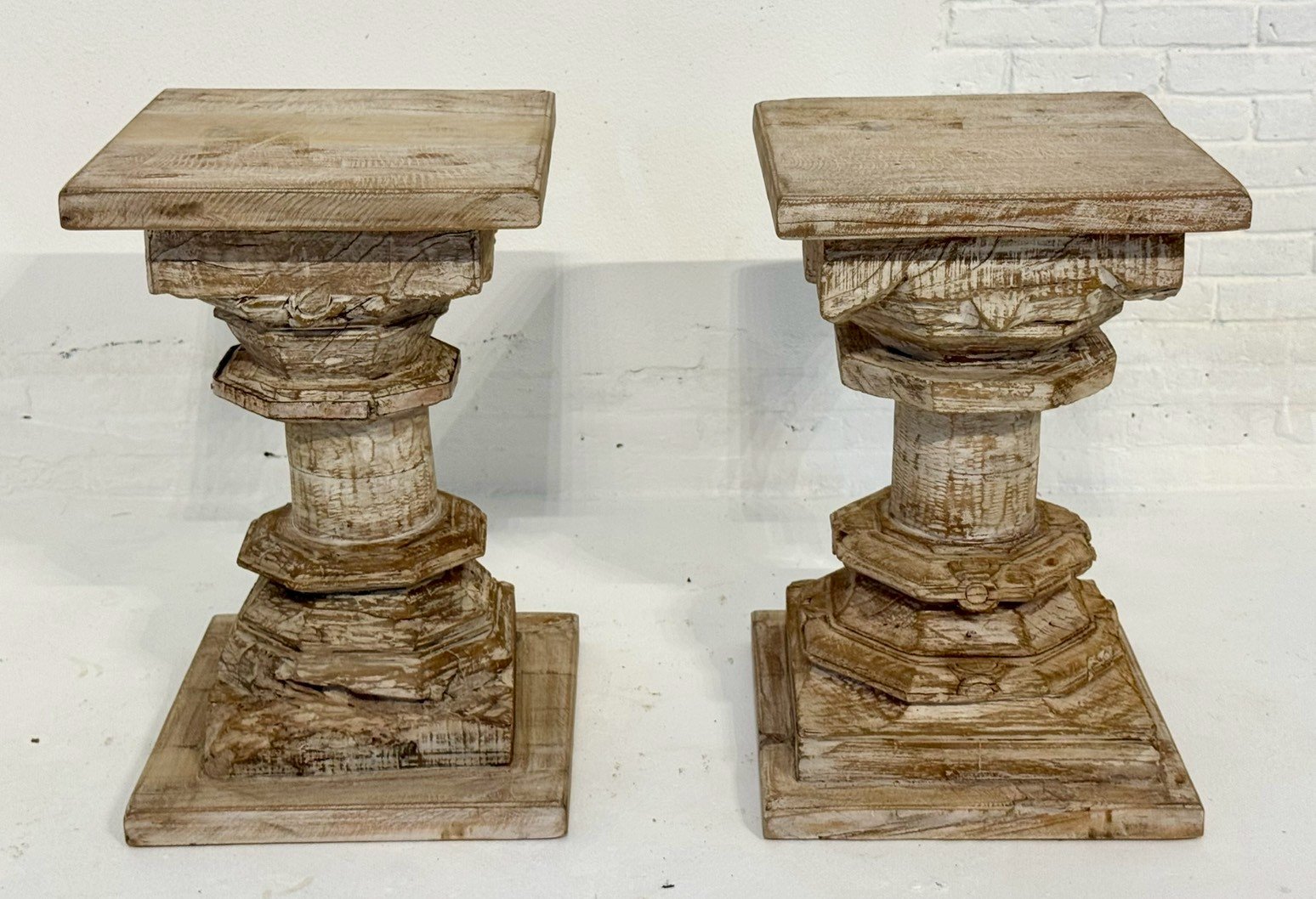Stand Side Table Set of Two – Carved Pedestal Side Table Pair with Distressed Finish W30 x D30 x H47 cm - RIVO HOMES