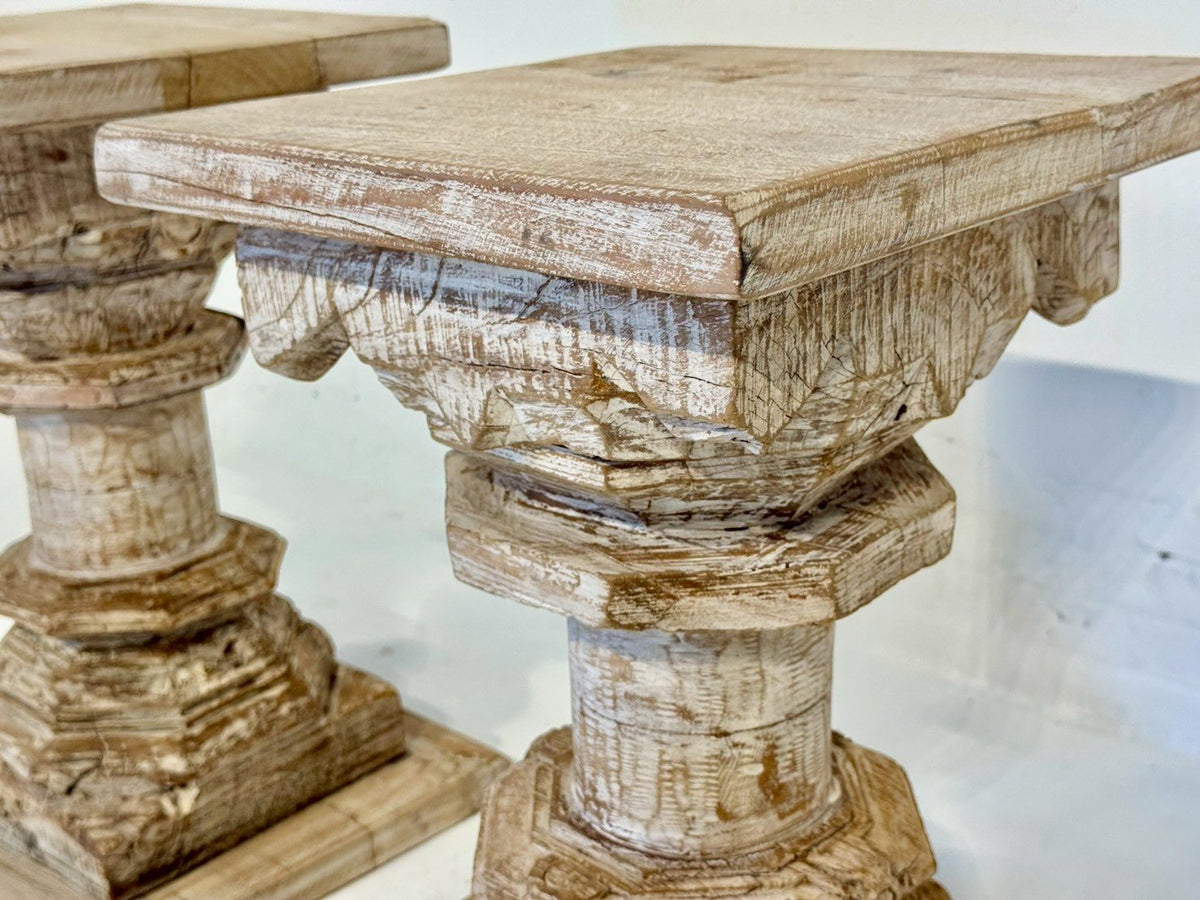Stand Side Table Set of Two – Carved Pedestal Side Table Pair with Distressed Finish W30 x D30 x H47 cm - RIVO HOMES