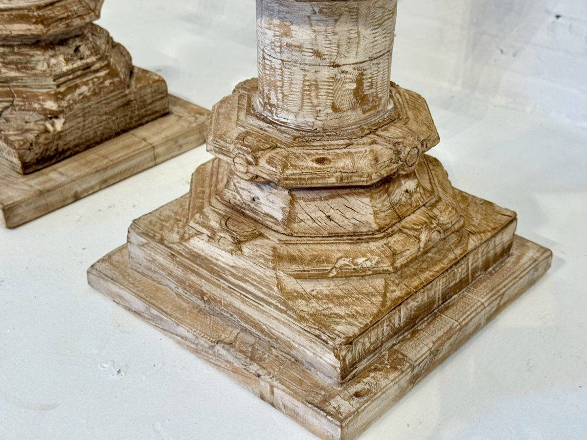 Stand Side Table Set of Two – Carved Pedestal Side Table Pair with Distressed Finish W30 x D30 x H47 cm - RIVO HOMES