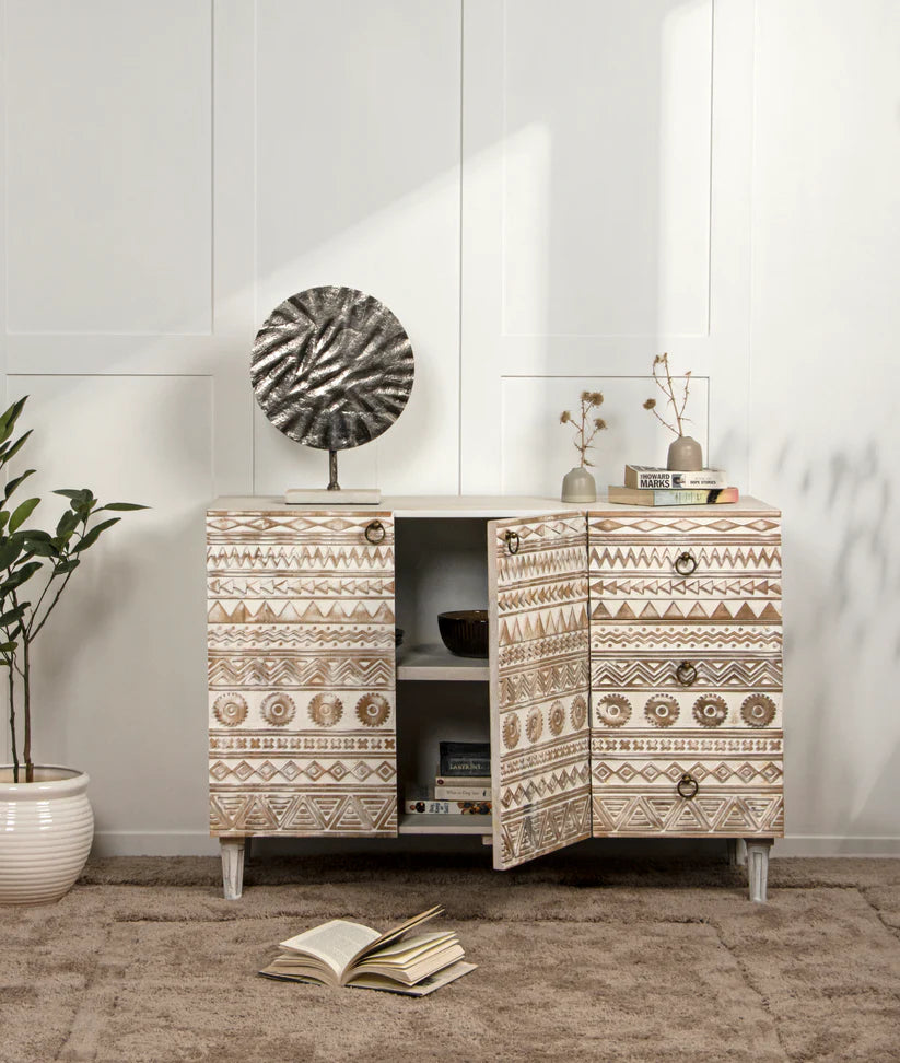 sunburst distress white buffet