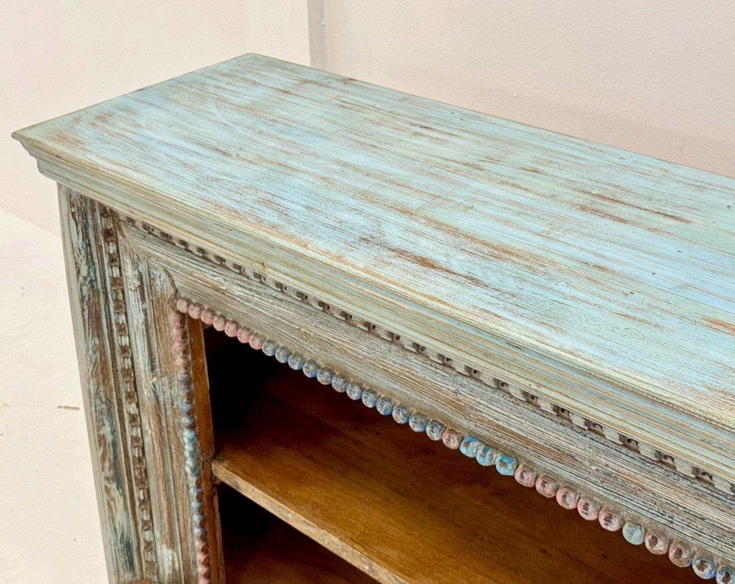 Supine Long Display Shelf – 295 cm hand-carved sideboard with distressed teal finish, open cubby shelving, moulding frame. - RIVO HOMES