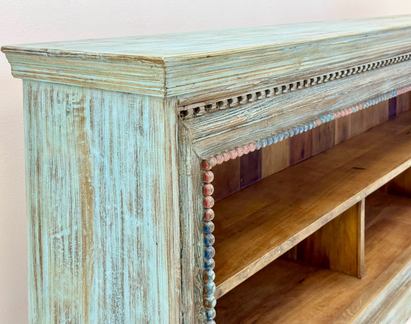 Supine Long Display Shelf – 295 cm hand-carved sideboard with distressed teal finish, open cubby shelving, moulding frame. - RIVO HOMES