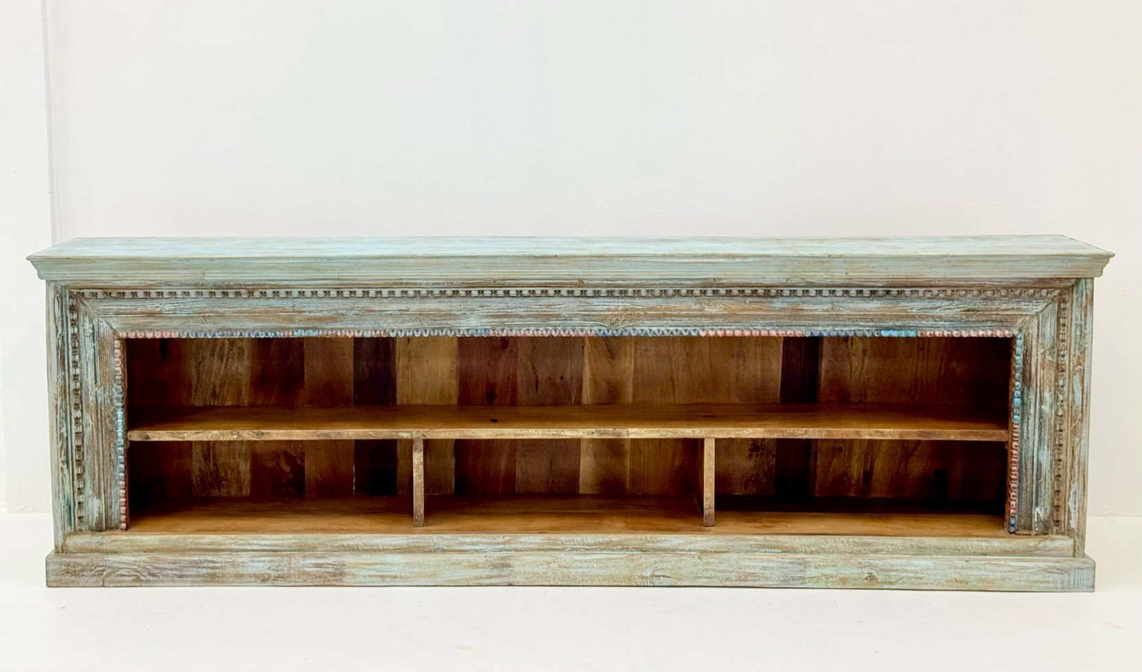 Supine Long Display Shelf – 295 cm hand-carved sideboard with distressed teal finish, open cubby shelving, moulding frame. - RIVO HOMES