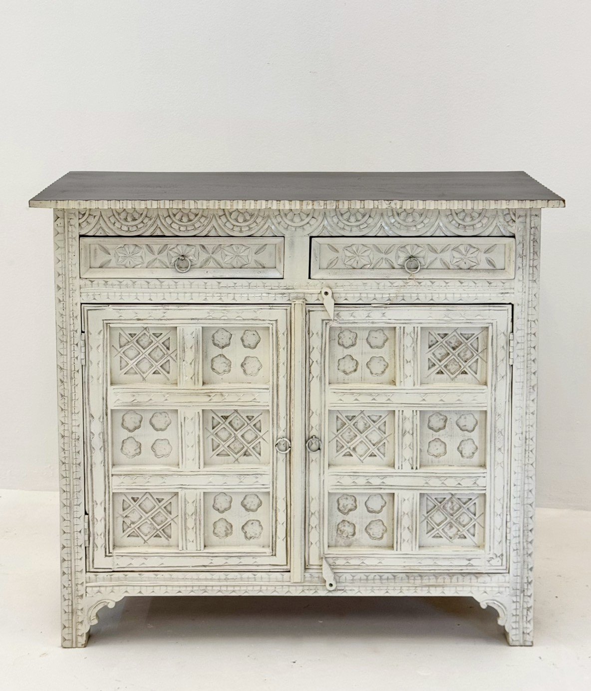 Swiss White Chest – 97 cm Intricate Geometric Carved 2-Door Cabinet with Dual Drawers, Dark Contrasting Top, Contoured Apron - RIVO HOMES