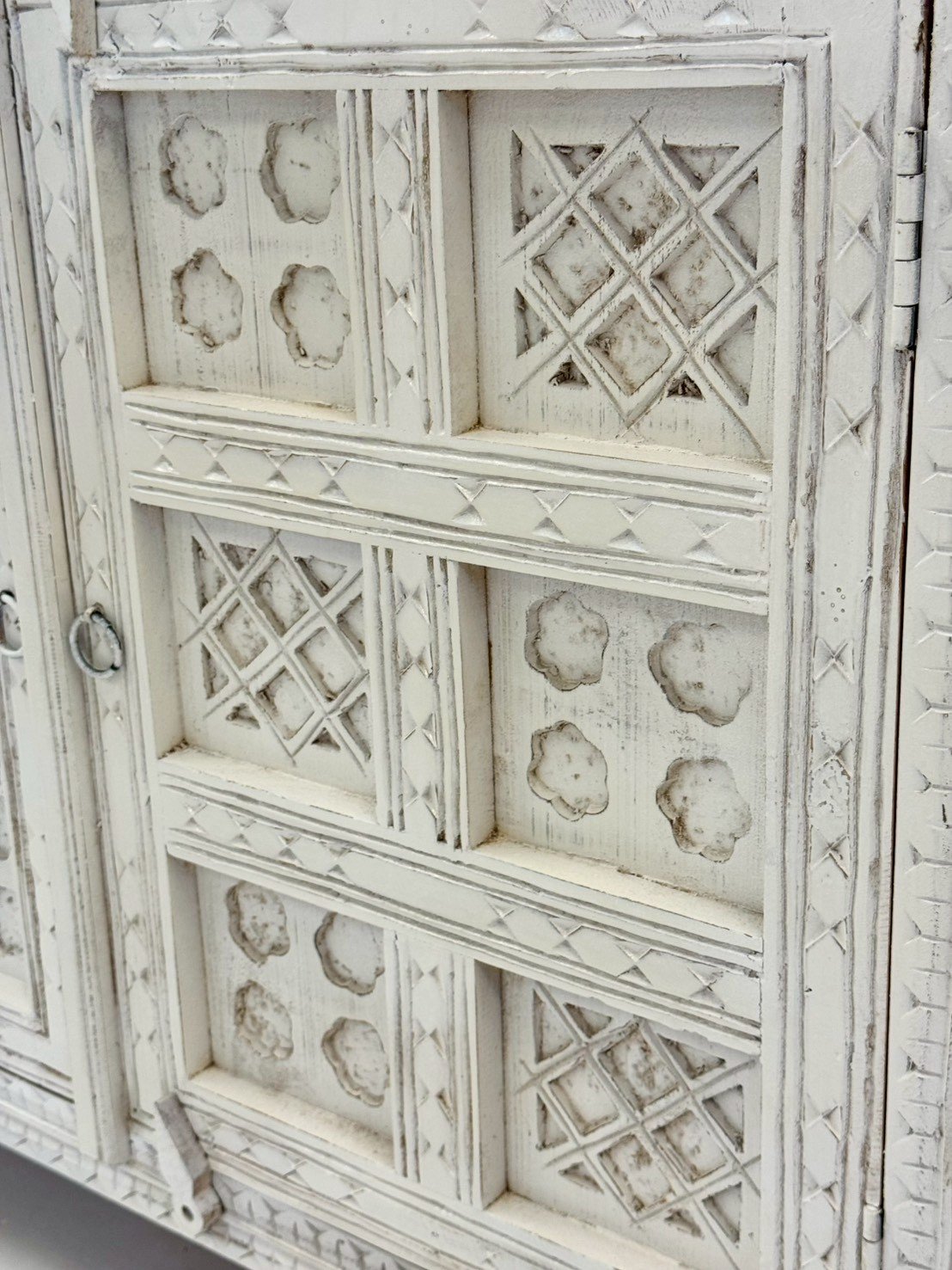 Swiss White Chest – 97 cm Intricate Geometric Carved 2-Door Cabinet with Dual Drawers, Dark Contrasting Top, Contoured Apron - RIVO HOMES