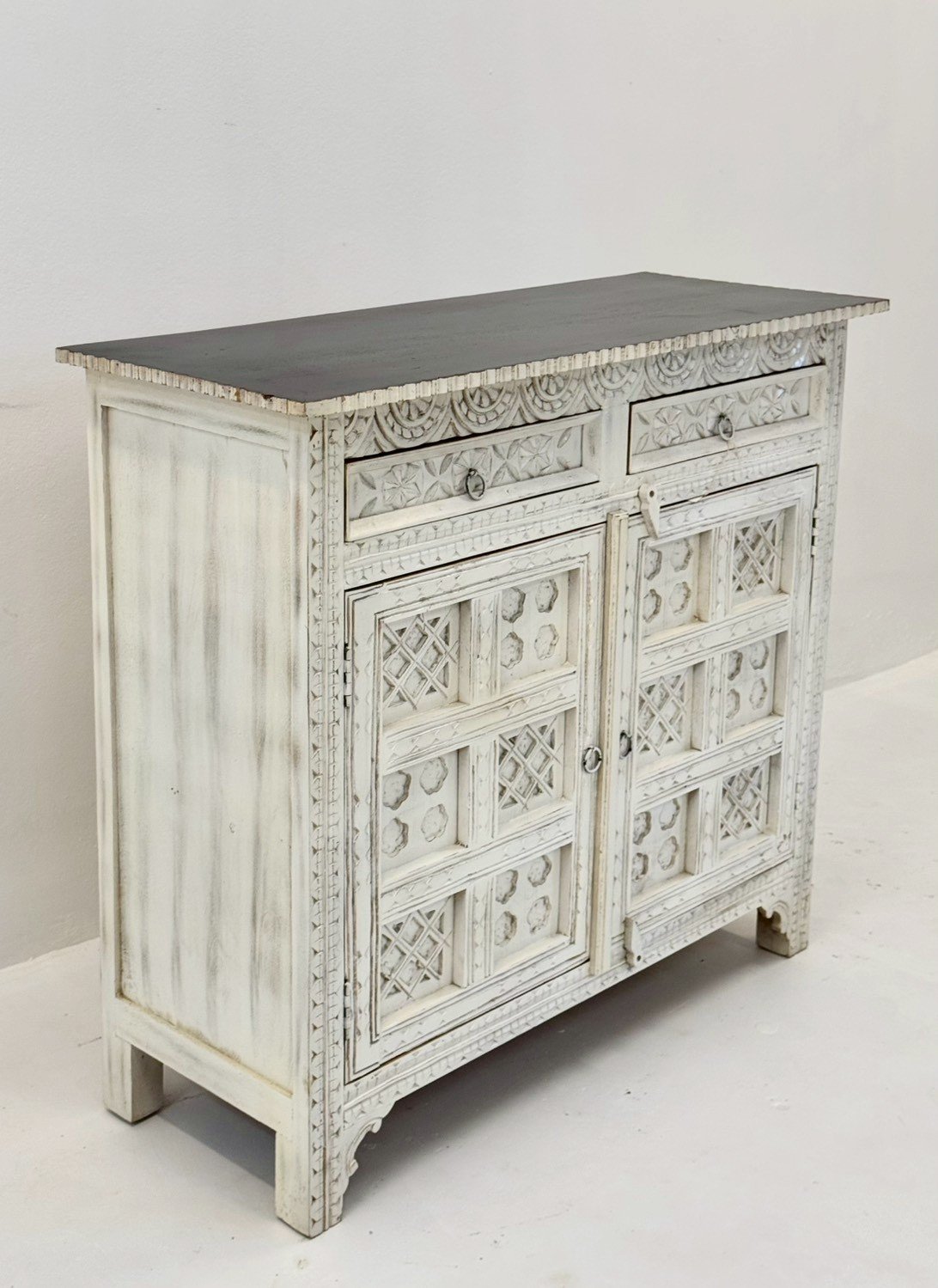 Swiss White Chest – 97 cm Intricate Geometric Carved 2-Door Cabinet with Dual Drawers, Dark Contrasting Top, Contoured Apron - RIVO HOMES