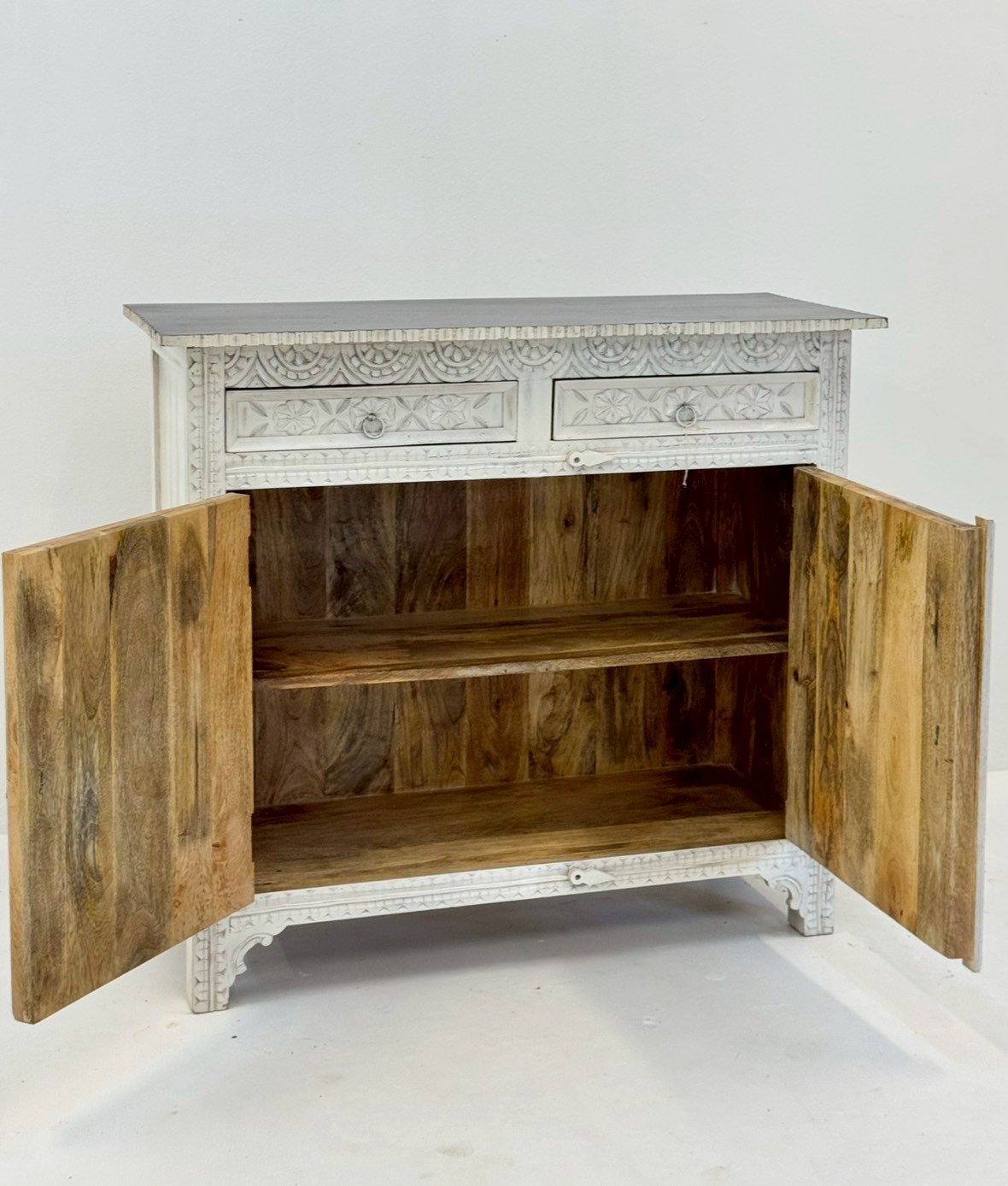 Swiss White Chest – 97 cm Intricate Geometric Carved 2-Door Cabinet with Dual Drawers, Dark Contrasting Top, Contoured Apron - RIVO HOMES