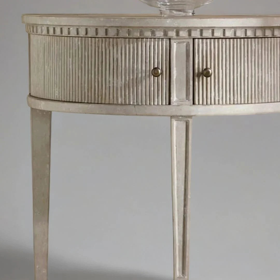 ArcHeritage Half Round Solid Wood Side Table – Antique Grey Finish, Handcrafted by RIVO HOMES