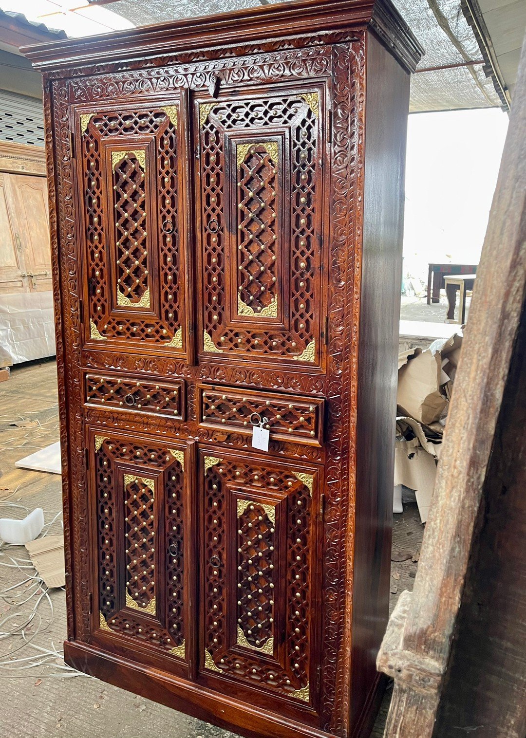 The Brass Lattice Cabinet – Brass Mounted Doors Cabinet with Haveli-Inspired Lattice W100 x D45 x H185 cm - RIVO HOMES