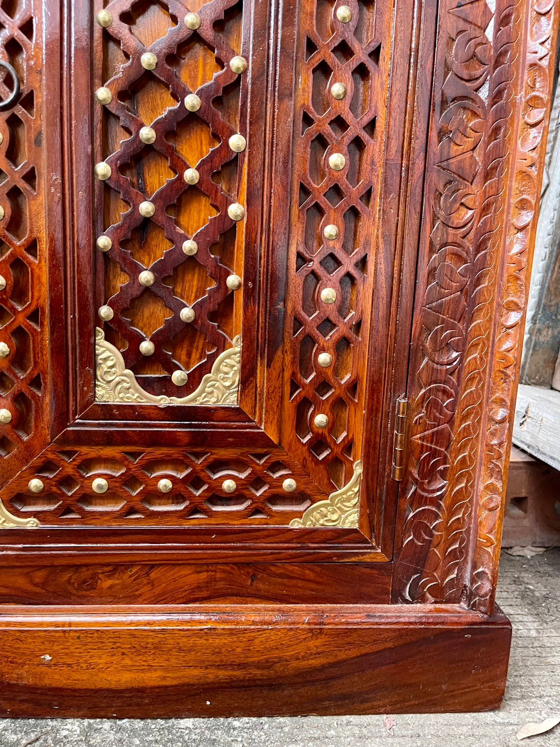 The Brass Lattice Cabinet – Brass Mounted Doors Cabinet with Haveli-Inspired Lattice W100 x D45 x H185 cm - RIVO HOMES