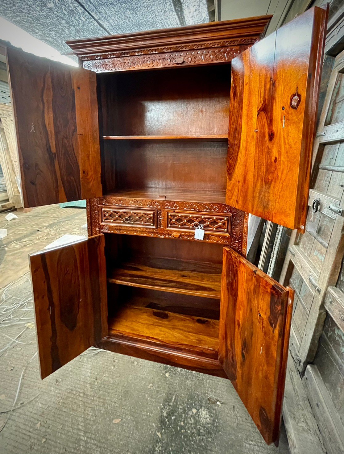The Brass Lattice Cabinet – Brass Mounted Doors Cabinet with Haveli-Inspired Lattice W100 x D45 x H185 cm - RIVO HOMES