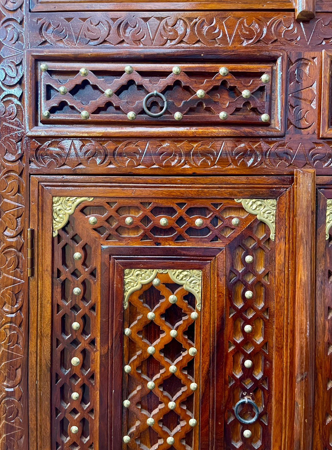 The Brass Lattice Cabinet – Brass Mounted Doors Cabinet with Haveli-Inspired Lattice W100 x D45 x H185 cm - RIVO HOMES