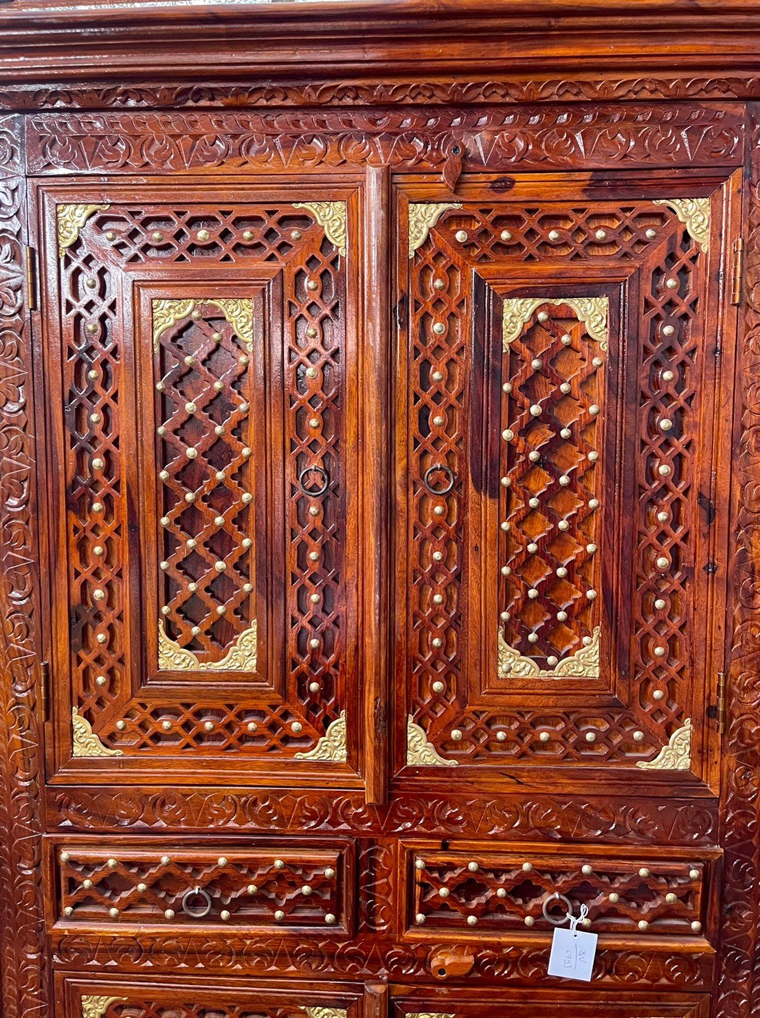 The Brass Lattice Cabinet – Brass Mounted Doors Cabinet with Haveli-Inspired Lattice W100 x D45 x H185 cm - RIVO HOMES