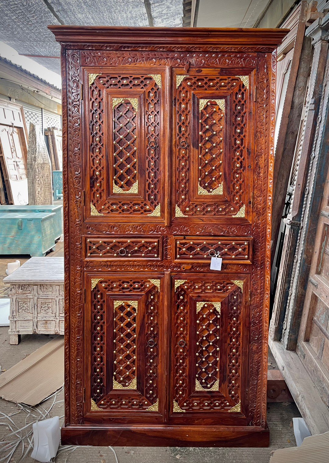 The Brass Lattice Cabinet – Brass Mounted Doors Cabinet with Haveli-Inspired Lattice W100 x D45 x H185 cm - RIVO HOMES