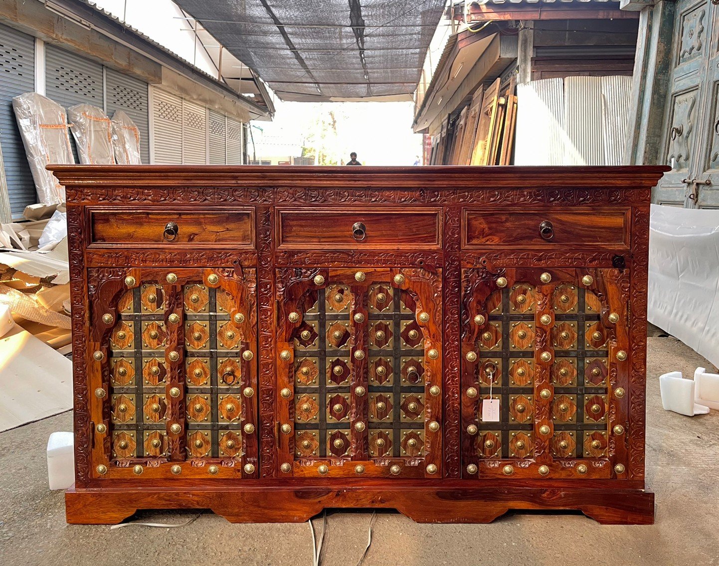 Treasury Brass Studded Sideboard – Luxury Sideboard with Vintage Indian Wood Finish W149 x D45 x H89 cm. - RIVO HOMES