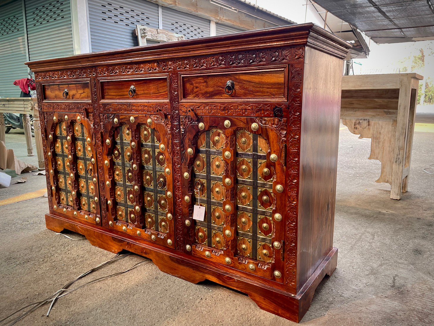 Treasury Brass Studded Sideboard – Luxury Sideboard with Vintage Indian Wood Finish W149 x D45 x H89 cm. - RIVO HOMES