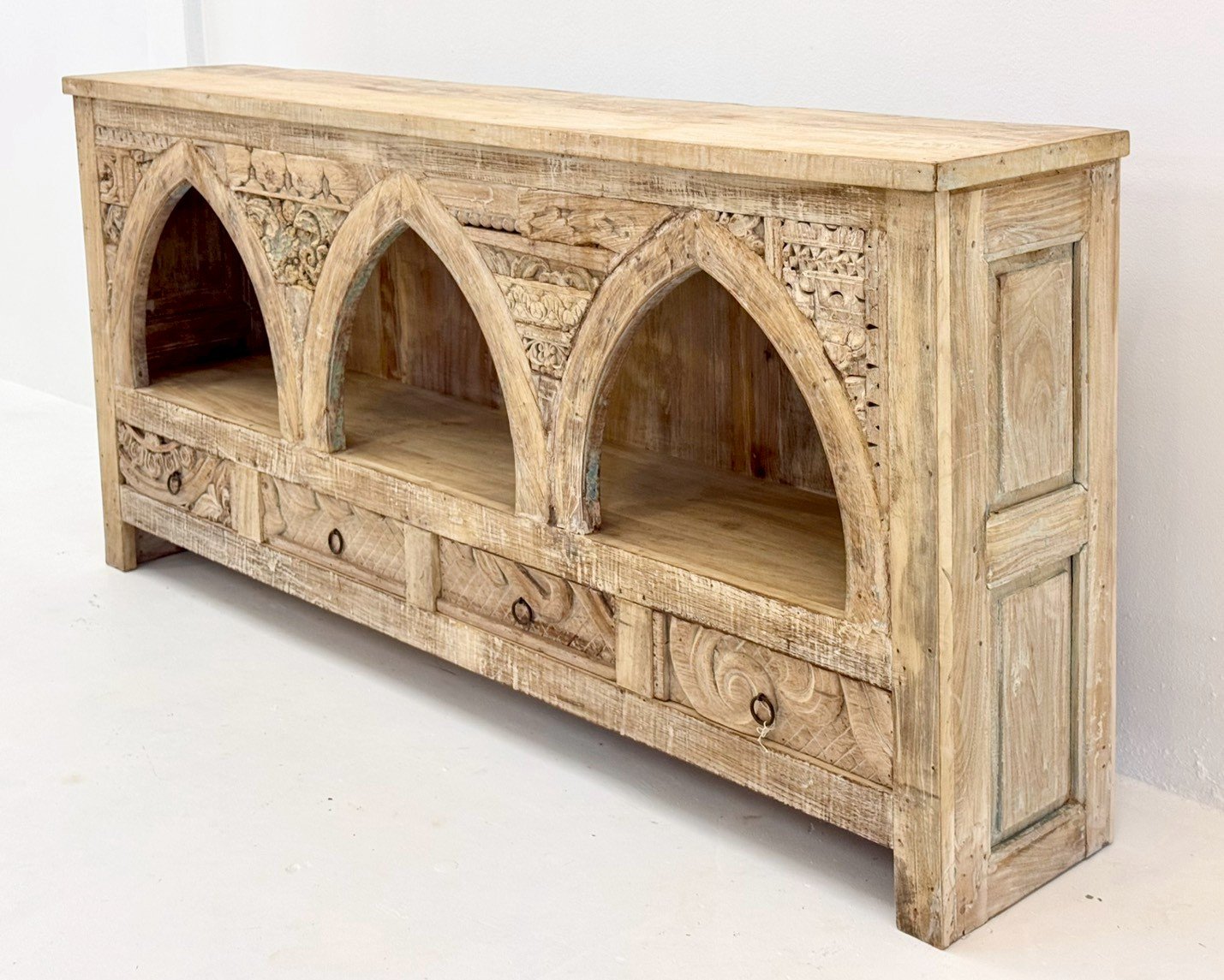Trilogy Arch Display Sideboard – Rustic Wooden Sideboard with Triple Arch Shelves and Drawer StorageW200 x D38 x H94 cm - RIVO HOMES