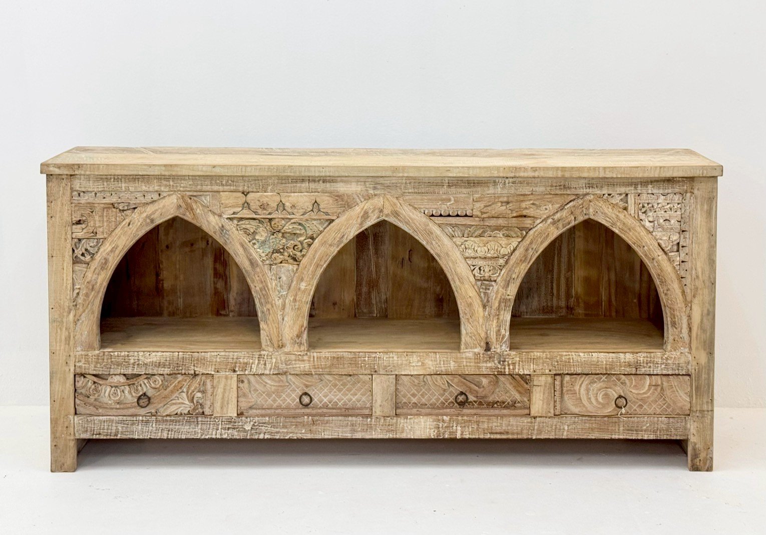 Trilogy Arch Display Sideboard – Rustic Wooden Sideboard with Triple Arch Shelves and Drawer StorageW200 x D38 x H94 cm - RIVO HOMES
