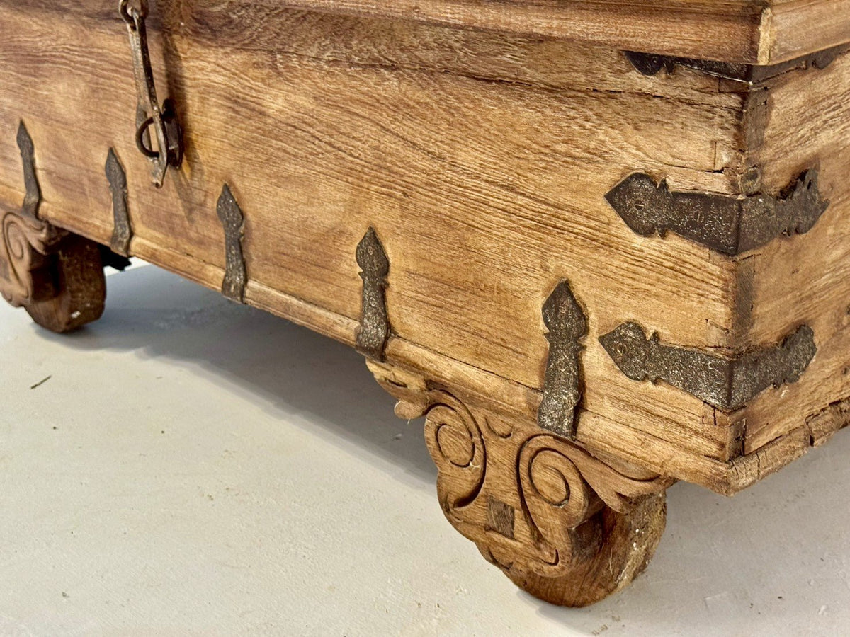 Trunk Coffee Table On Wheels – Wooden Wheel Table with Storage and Iron Detail W130 x D68 x H50 cm - RIVO HOMES