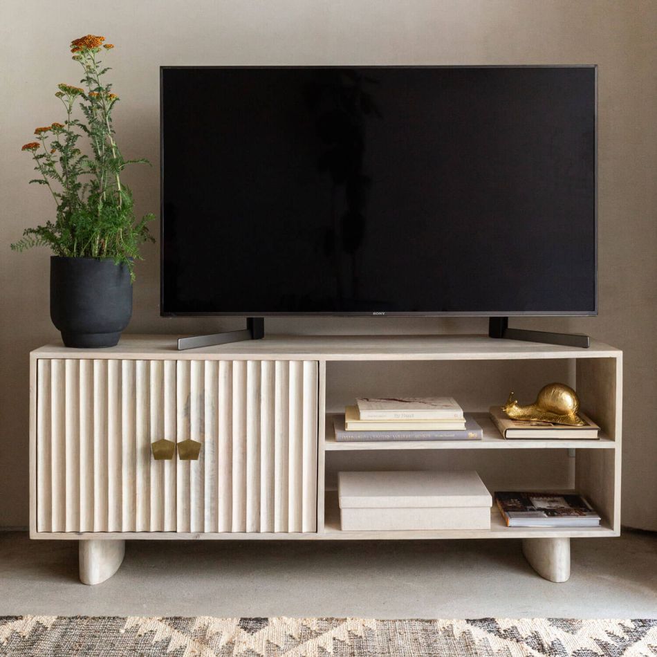 Artisan Fluted Wood TV Unit with Storage | Modern Media Console | Natural Finish Entertainment Center | RIVO HOMES