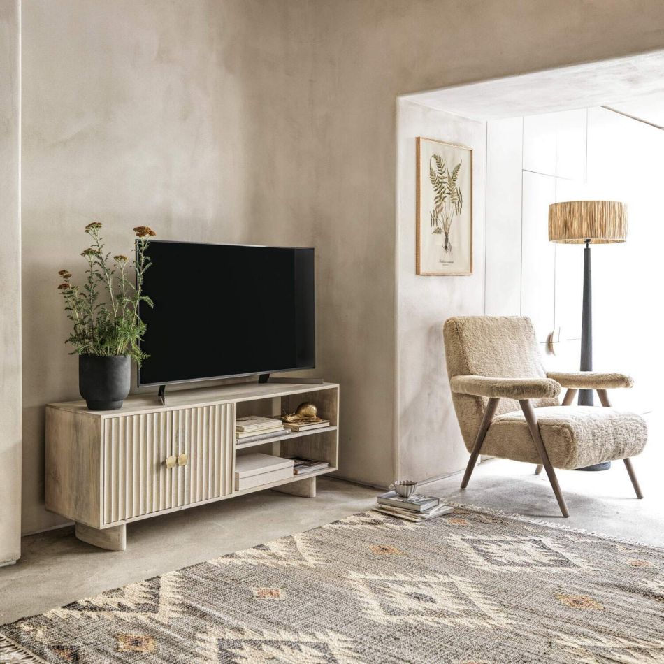 Artisan Fluted Wood TV Unit with Storage | Modern Media Console | Natural Finish Entertainment Center | RIVO HOMES