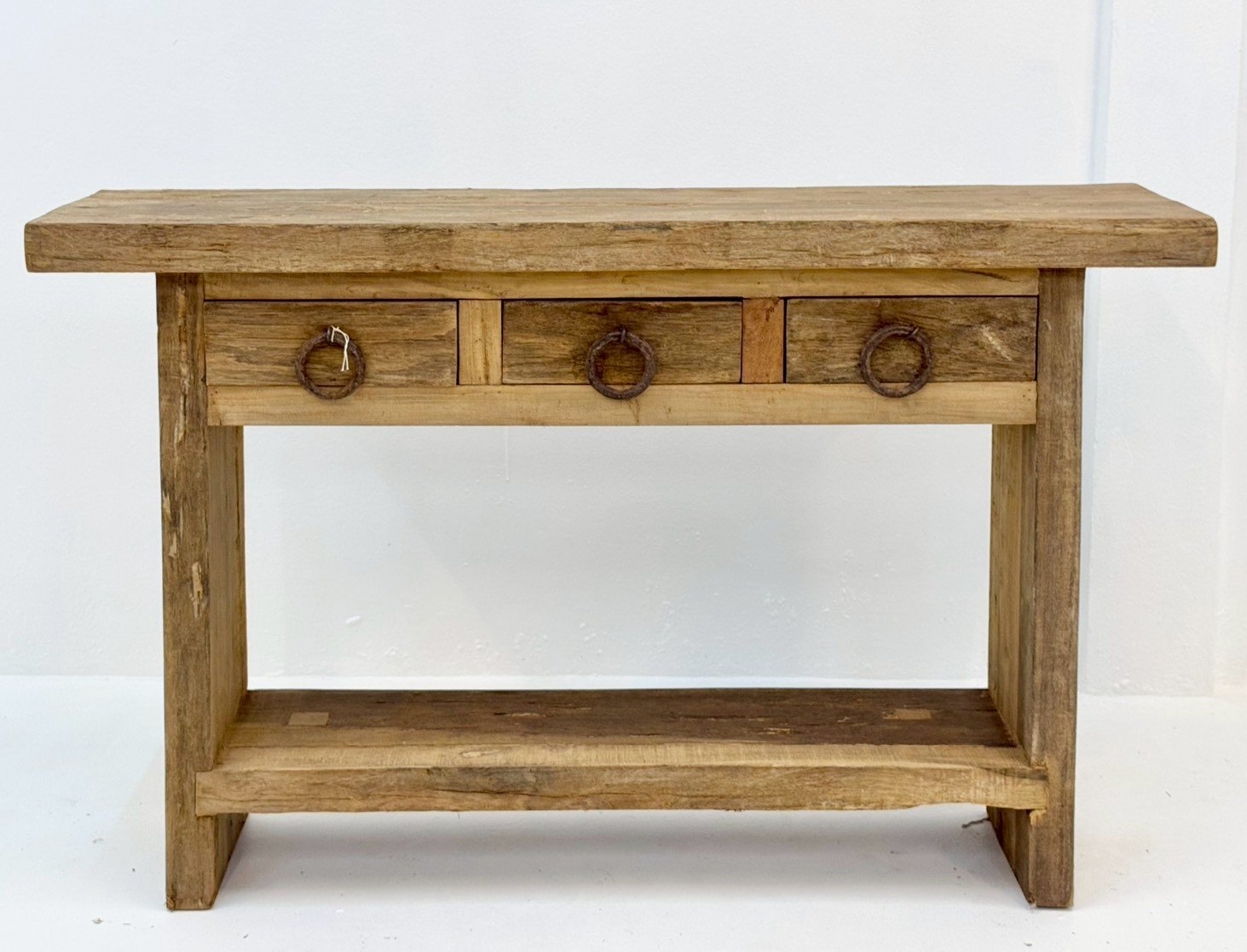 Venton Console Table – 133 cm Slim Profile 3-Drawer Console with Open Lower Shelf, Round Wooden Knobs, Farmhouse-Chic - RIVO HOMES