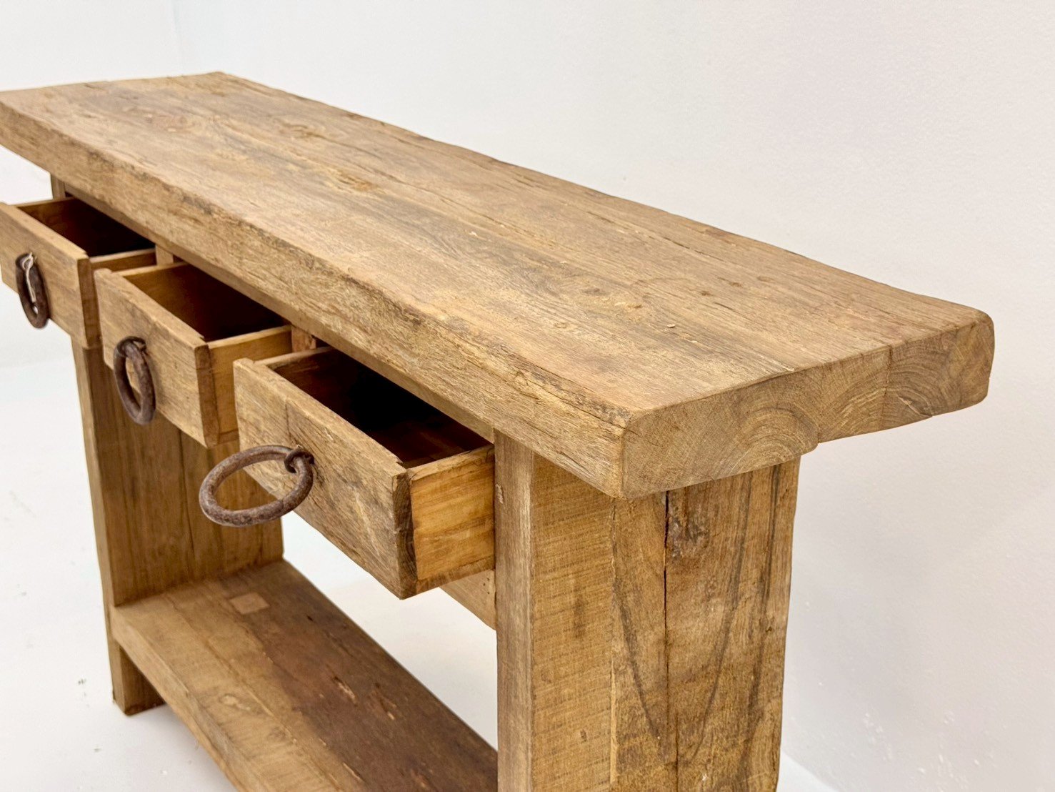 Venton Console Table – 133 cm Slim Profile 3-Drawer Console with Open Lower Shelf, Round Wooden Knobs, Farmhouse-Chic - RIVO HOMES