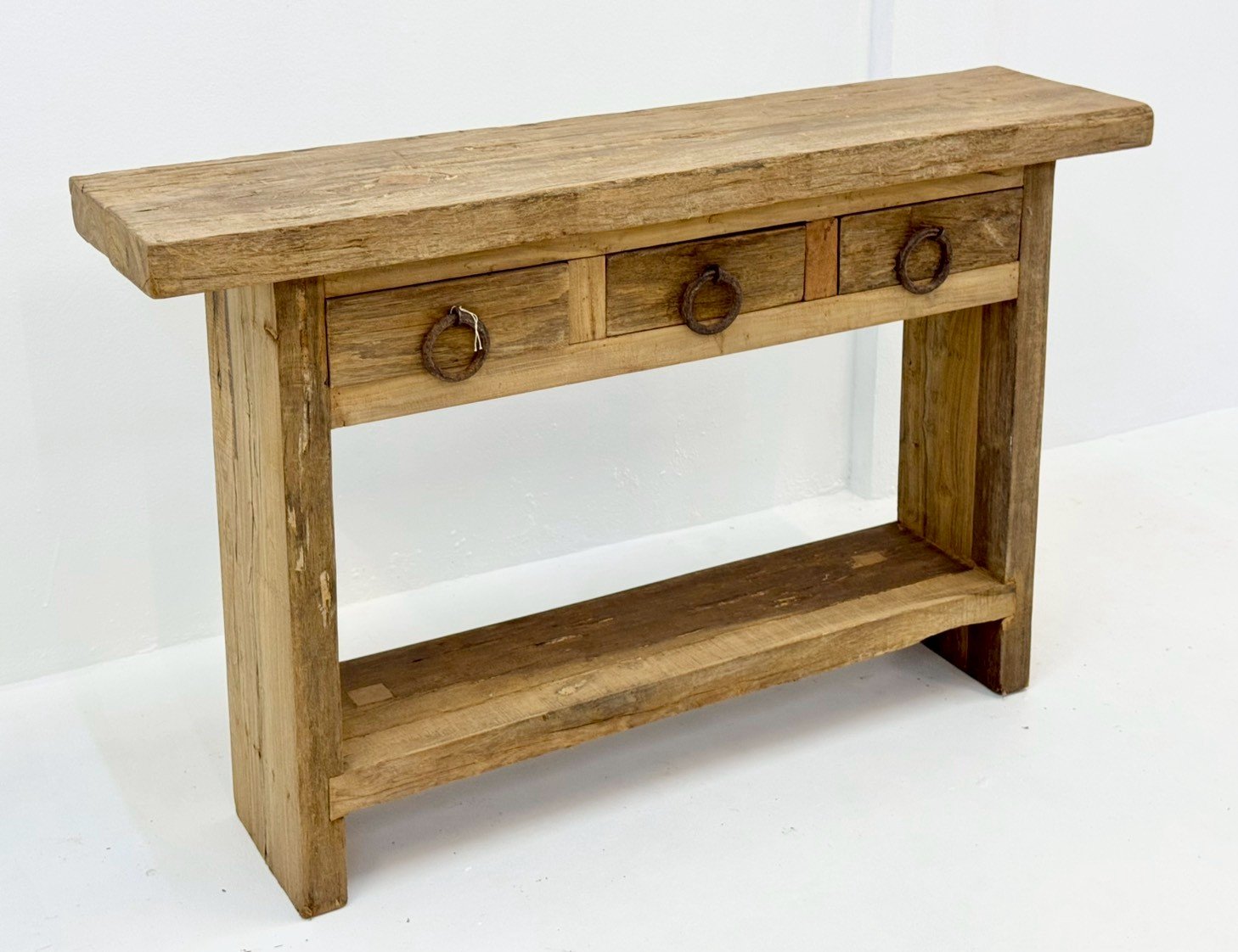 Venton Console Table – 133 cm Slim Profile 3-Drawer Console with Open Lower Shelf, Round Wooden Knobs, Farmhouse-Chic - RIVO HOMES