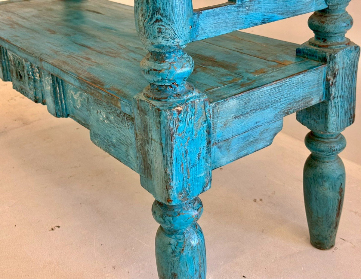 Vibrant Blue Wooden Bench – Decorative Bench for Home with Turned Legs W130 x D50 x H96 cm - RIVO HOMES