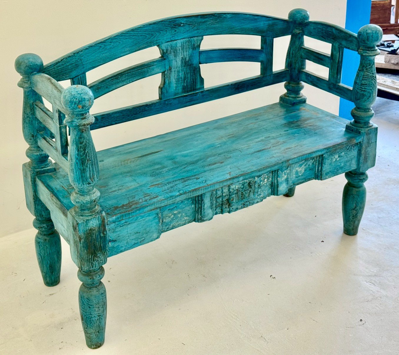 Vibrant Blue Wooden Bench – Decorative Bench for Home with Turned Legs W130 x D50 x H96 cm - RIVO HOMES