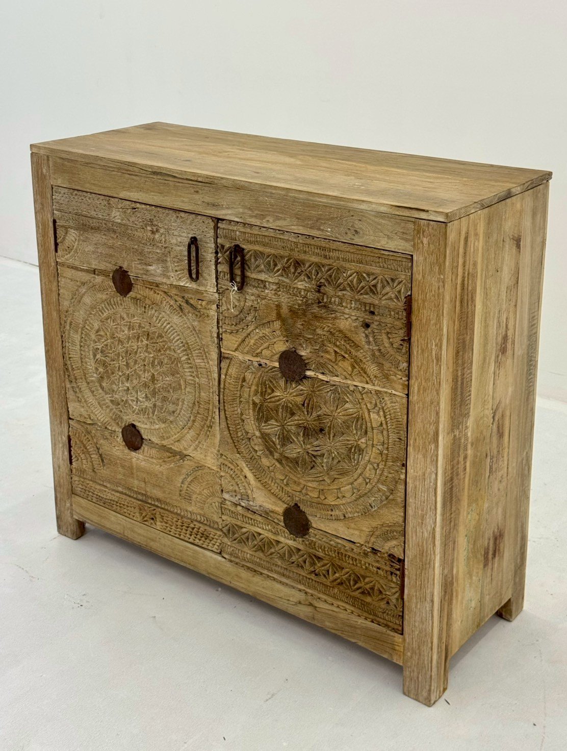 Weathered Wood Two-Door Cabinet – Antique Wooden Cabinet with Rosette Carving W106 x D40 x H97 cm - RIVO HOMES