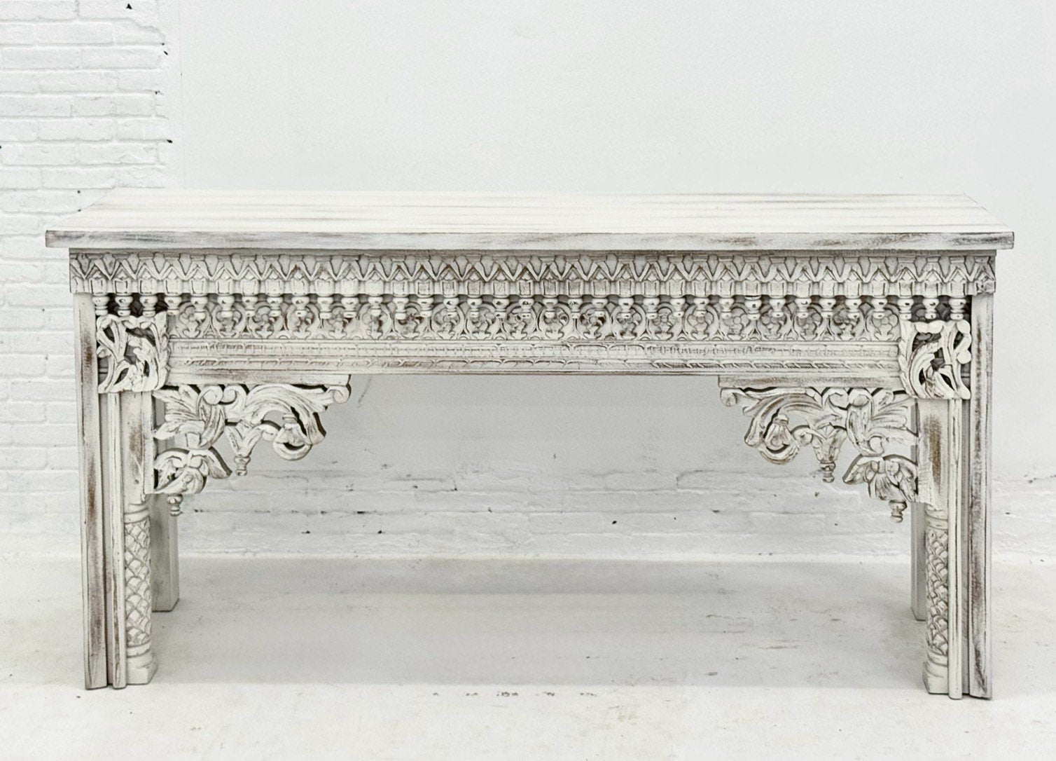 White Wooden Console Table – Hand-Carved Rustic Console Table with Whitewashed FinishW150 x D40 x H76 cm - RIVO HOMES