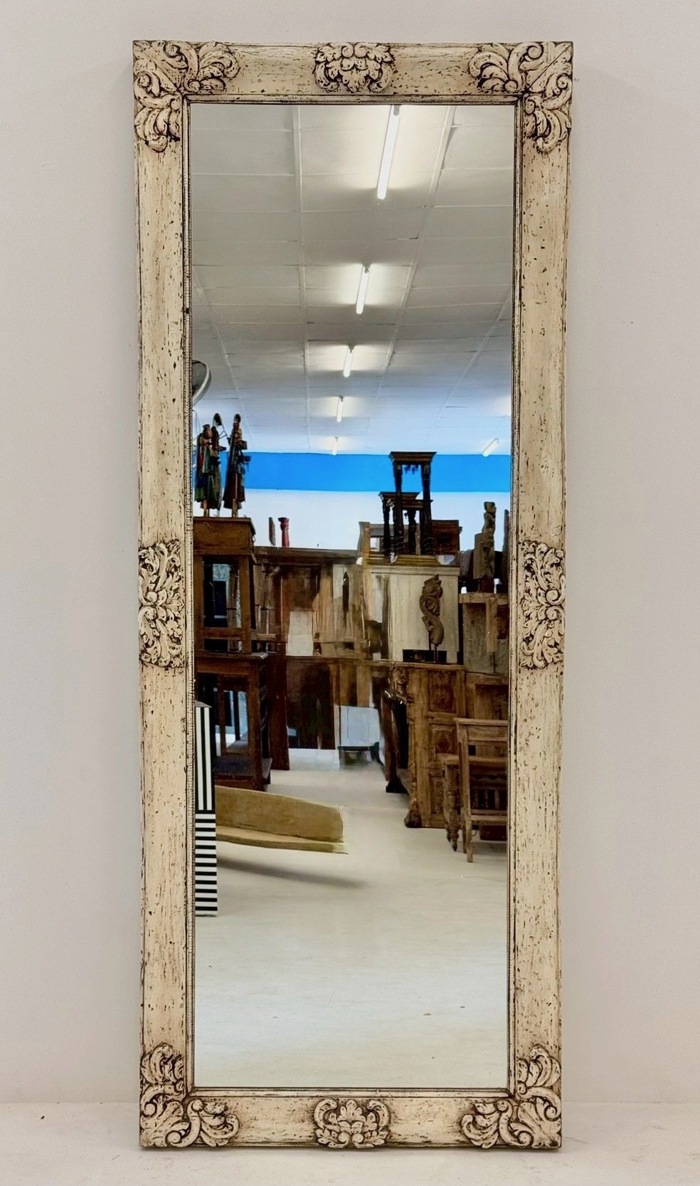 White Wooden Frame Mirror – Large Antique Style Mirror with Carved Floral Detail W87 x D7 x H220 cm - RIVO HOMES