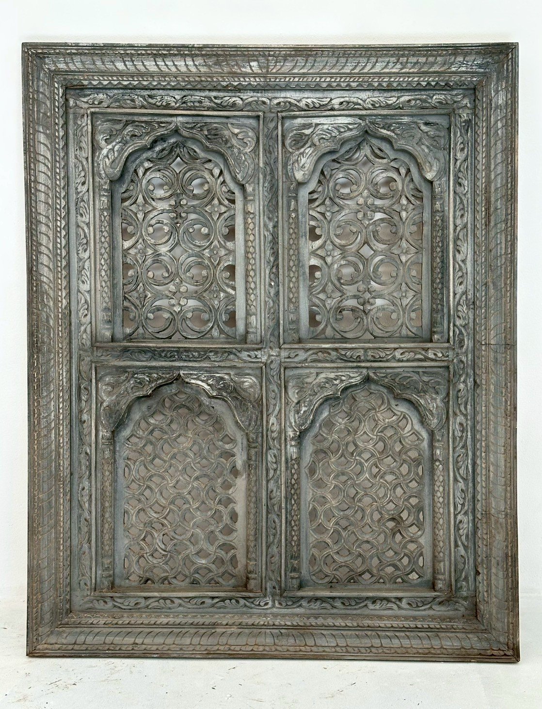 Window Grid Carved Panel – Large Wood Panel with Jharokha Style Arches W120 x D6 x H150 cm - RIVO HOMES