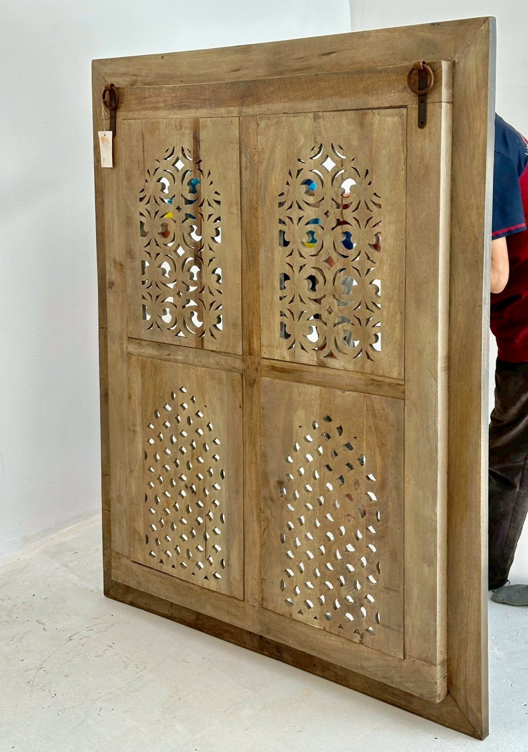 Window Grid Carved Panel – Large Wood Panel with Jharokha Style Arches W120 x D6 x H150 cm - RIVO HOMES