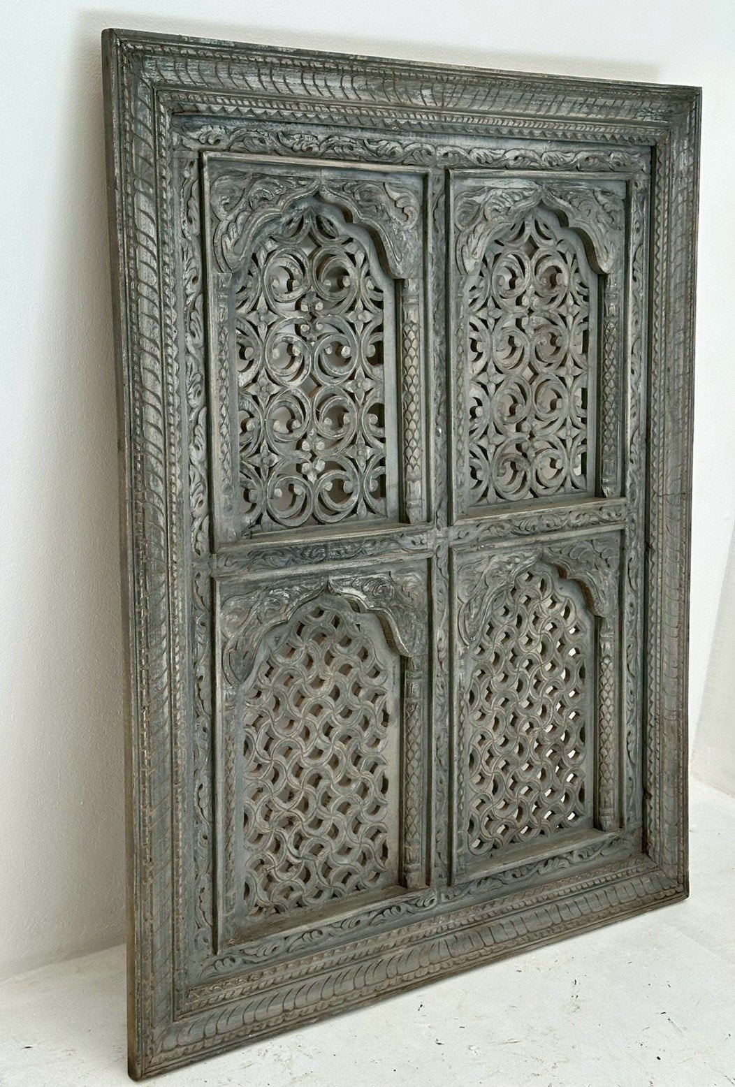 Window Grid Carved Panel – Large Wood Panel with Jharokha Style Arches W120 x D6 x H150 cm - RIVO HOMES