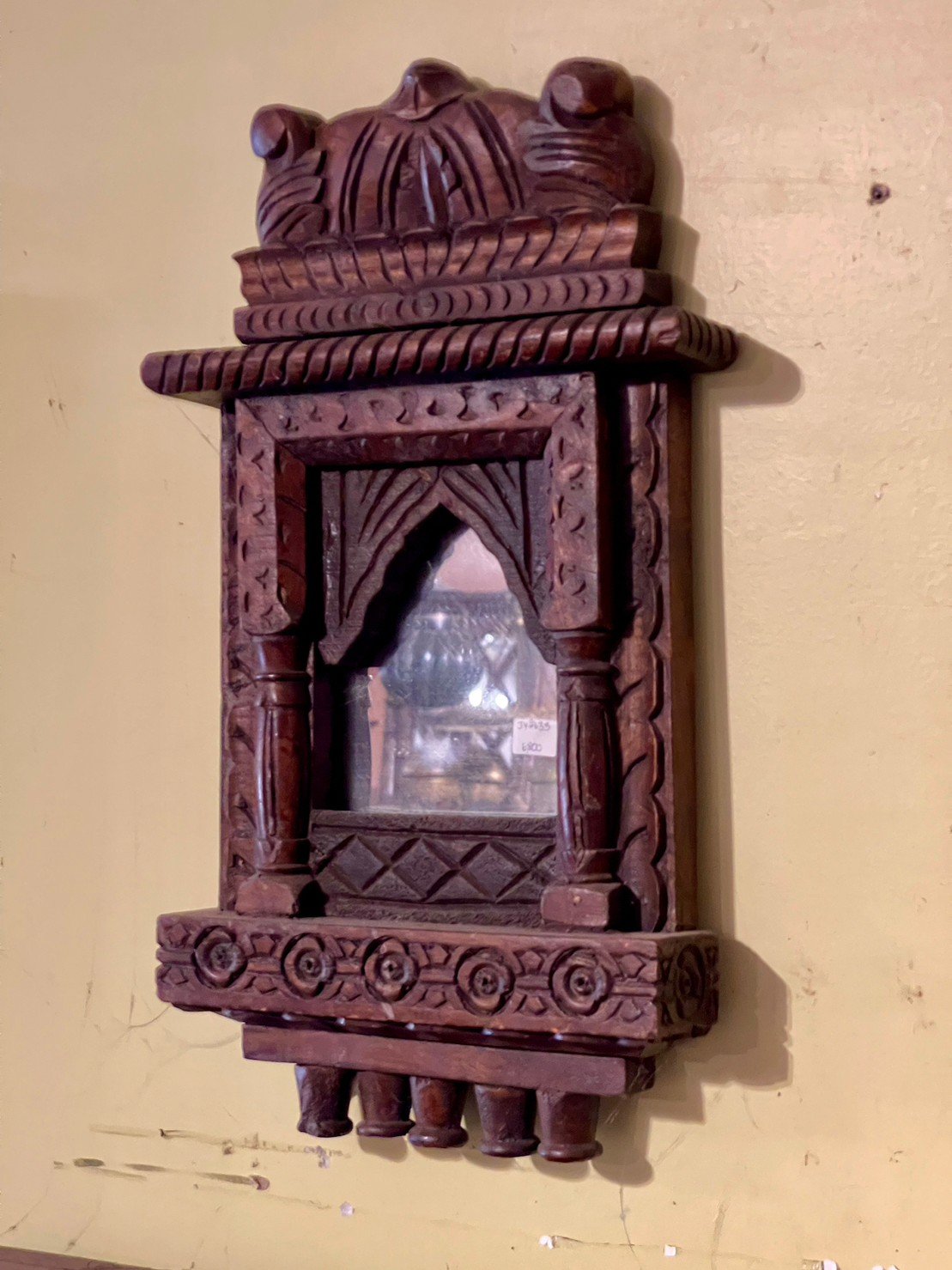 Window Jharokha Style Wooden Mirror – Small Carved Frame Mirrors with Pointed Arch W22 x D5 x H40 cm - RIVO HOMES