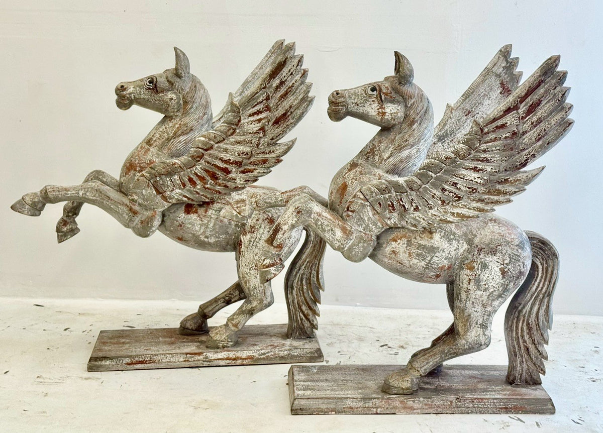 Wing Horse Hand Carved Statue – Pegasus Statue with Distressed Finish and Wooden Base W117 x D54 x H117 cm - RIVO HOMES